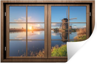 Muurstickers - Sticker Folie - Doorkijk - Molen - Zonsondergang - 120x80 cm - Plakfolie - Muurstickers Kinderkamer - Zelfklevend Behang - Zelfklevend behangpapier - Stickerfolie