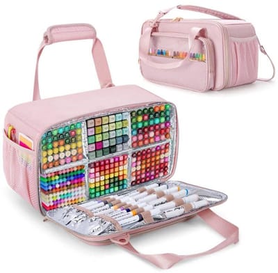 Marker Organizer Hoesje voor 216 Markers - Draagbare Opbergtas met Schouderband en Eenvoudig Schoonmaak Folieliner - Roze
