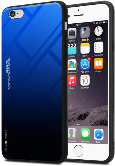 Cadorabo Hoesje geschikt voor Apple iPhone 6 / 6S in BLAUW - ZWART - Tweekleurige beschermhoes van TPU-silicone Case Cover en achterzijde van gehard glas