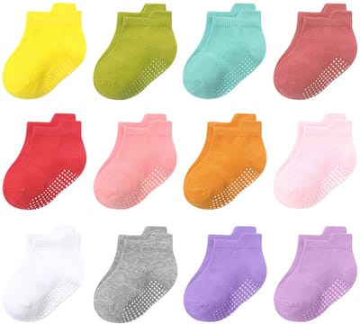 Dailygoody - Baby Sokken - Antislip Sokken - Zachte Katoenen Enkelsokken - Ademend - Grip Sokken - Geschikt voor Peuters - 12 Paar