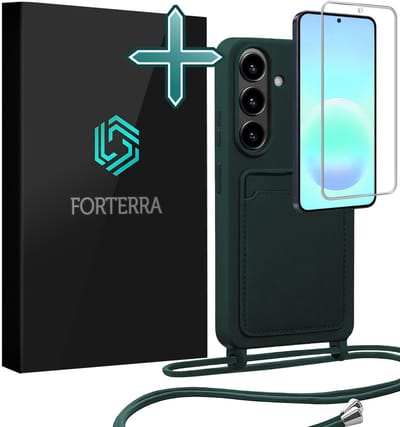 Hoesje Geschikt voor Samsung A57 Case Siliconen Hoes Met Koord Met Screenprotector - Hoes Geschikt voor Samsung Galaxy A57 Met Telefoonkoord Hoesje Backcover - Donkergroen