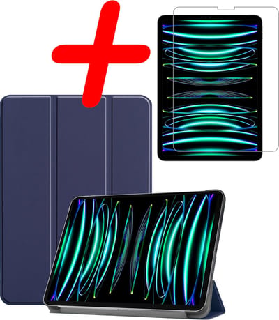 Hoesje Geschikt voor Apple iPad Pro (2022) - 12.9 inch - Met Screenprotector - Trifold Bookcase - Hard Cover - Hardcover Book Case - Tablet Hoes - Donkerblauw