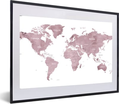 Poster in lijst - Fotolijst 60x40 cm - Posters - Wereldkaart - Paars - Wit - Posterlijst zwart - Decoratie - Wanddecoratie woonkamer - Muurdecoratie slaapkamer