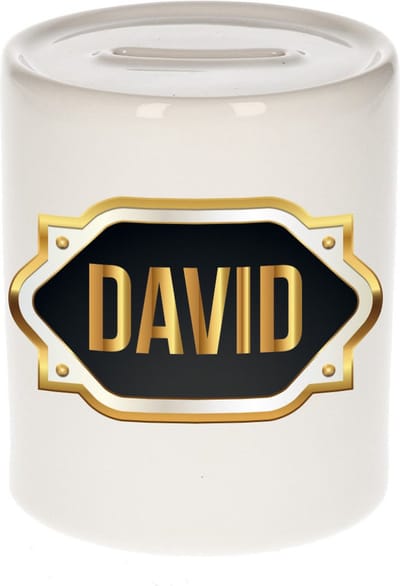 Spaarpot met voornaam David - wit - met goud/zwart embleem - 8 x 9 cm - keramiek - met afsluitdop - cadeau verjaardag