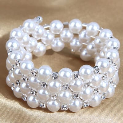 Parel Strass Vol Diamant Elastische Armband, Modieuze Parel Meerlaagse Wikkelende Spiraal Armband voor Vrouwen gray