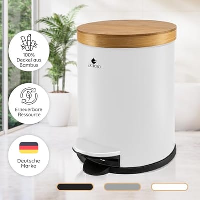 Afvalemmer voor Badkamer - Cosmetica-emmer met Bamboe Deksel en Softclose - Roestvrij Stalen Pedaalemmer met Antislip Pad