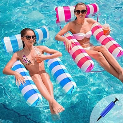 2 stuks opblaasbare zwembad hangmat, 4-in-1 drijvende waterhangmat voor zwembad, loungestoel, zadel, drifter en hangmat, inclusief draagbare luchtpomp - ideaal voor volwassenen en kinderen