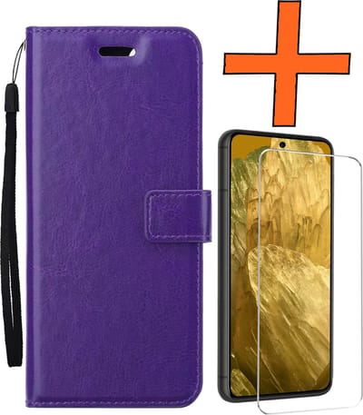 Hoes - Met Screenprotector - Geschikt voor Google Pixel 8a - Luxe Pasjeshouder - Bookcase Portemonee - Flip Case - Kunstleer Book Case - Flipcase - Book Cover - Walletcase - PortemonneeHoes - Paars