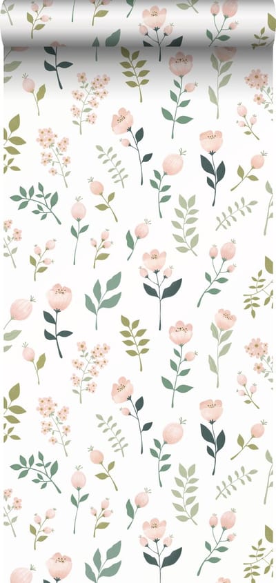ESTAhome behang bloemen wit, roze en groen - 53 cm x 10.05 m - 139339
