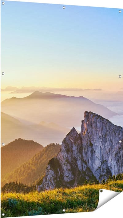 Gards Tuinposter Zonsopkomst in de Bergen in de Alpen - 100x150 cm - Tuindoek - Tuindecoratie - Wanddecoratie buiten - Tuinschilderij