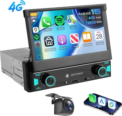 ESSGOO 1Din Autoradio - Android 15 - Apple Carplay & Android Auto (Draadloos) - 6+128GB - 7 Inch IPS HD Handmatig Klapscherm - Navigatiesysteem - Bluetooth, Aux, USB, Type-C, MP5 - GPS & 4G WIFI - AHD Achteruitrijcamera