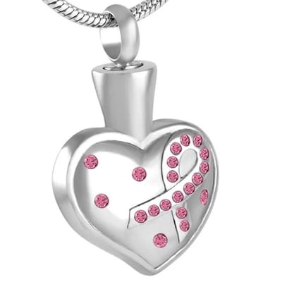 Aramat Jewels | Gedenkhangers | Stalen Pink Ribbon Ashanger – Gedenksieraad Borstkanker Bewustzijn | Hart-Roze-2.8x1.9cm | |20mm | Staal | Volwassenen | Verkleurd niet