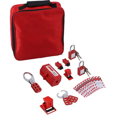 Kit de consignation électrique avec moraillons, cadenas de sécurité, prise de verrouillage de disjoncteur et sac de rangement red