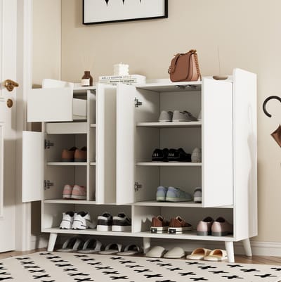 DESMIU Schoenenkast - Modern Opbergmeubel Met 4 Deuren En 1 Lade - Voor Hal Woonkamer Of Keuken - Spaanplaat - 120x35x99 Cm - Wit