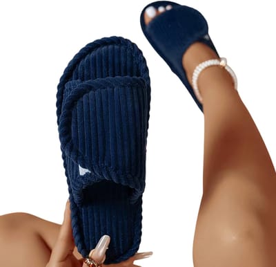Dames Pantoffels Maat 38-39 – Comfortabele Lichtgewicht Slippers met Platte Hak, Zachte Corduroy Open Teen, Antislip Slaapkamer- en Indoor Schoenen - BLAUW