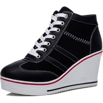 Dames Pumps Schoenen Nieuwe Sleehak Casual Canvas Schoenen Dames Zijketting Vetersluiting Casual Platform Schoenen 8Cm Hoge Hak Schoenen 42 black