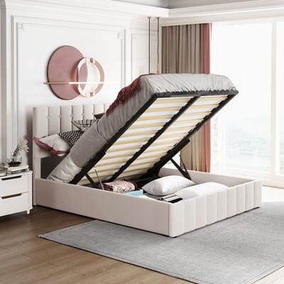 Gestoffeerd bed 140*200, tweepersoonsbed met hydraulisch hefbare bedopbergruimte, in hoogte verstelbaar gestoffeerd hoofdeinde, metalen lattenbodem, huidvriendelijk fluwelen tweepersoonsbed volwassen jeugdbed crèmewit