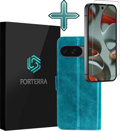 Hoesje Met Screenprotector - Geschikt voor Google Pixel 9 - Luxe Pasjeshouder - Flipcase - Bookcase Portemonee - Flip Case - Kunstleer Book Case - Book Cover - Walletcase - Portemonneehoes - Turquoise