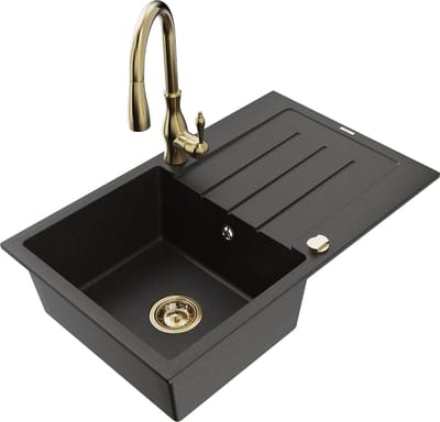 Mexen Bruno granieten spoelbak met 1 bak en afdruiprek en Savita keukenkraan, zwart/goud metallic - 6513-75-672601-50