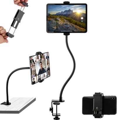 MOJOGEAR Premium flexibele telefoonhouder en tablethouder met tafelklem — Voor tafels tot 7,1 cm dik — Armlengte 51 cm — Inclusief telefoonhouder — Extra stevig metaal — Zwart