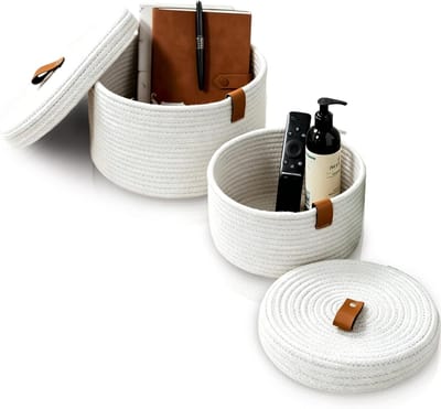 Set van 2 opbergmanden van katoenen touw met deksel, Ø 28 cm en Ø 23 cm, gevlochten mand met handvat, organizer voor speelgoed, cosmetica, voor slaapkamer, woonkamer, badkamer (wit)