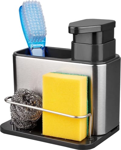 Roestvrij stalen zeepdispenser 3-in-1 sponshouder- en borstelhouder voor gootsteen - Lade afdruiprek organizer - Roestvrij - Aanrecht Caddy sponshouder gootsteen magnetische