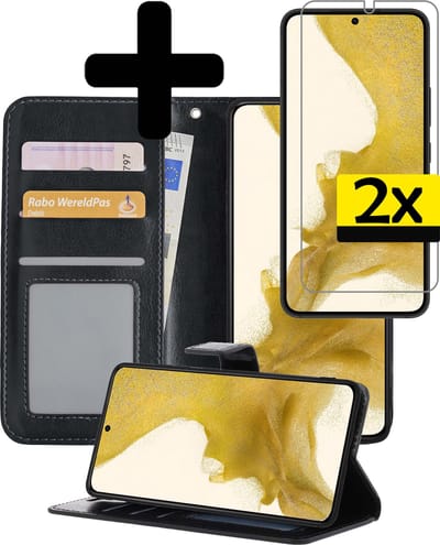 Hoesje - Met 2x Screenprotector - Geschikt voor Samsung Galaxy S22 - Luxe Pasjeshouder - Bookcase Portemonee - Flip Case - Kunstleer Book Case - Flipcase Hoes - Book Cover - Walletcase - Portemonneehoes - Telefoonhoesjes - Zwart