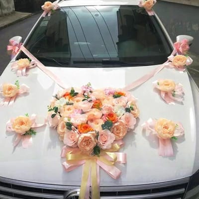 Nieuwe Romantische Bruiloft Auto Bloemdecoratie Set Bruids Strikken Decor Deurklink Linten Zijden Roos Kunstmatige Auto Hoofdbloemen