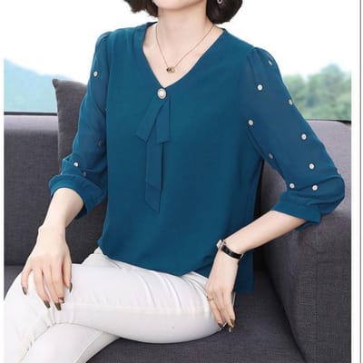 Mom Blouses Effen Chiffon Blouse Casual Dunne en Mooie Lange Mouw Vrouwen Shirts Kleding 4XL blauw