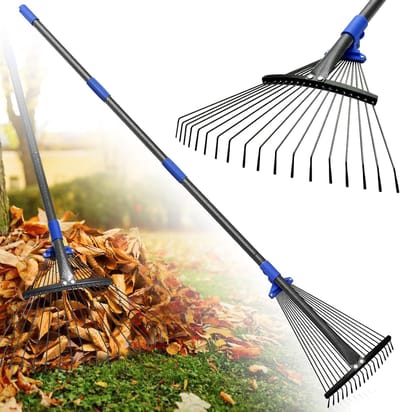 Tuin Bladhark - Gazon hark - Bladeren Opruimen - Verstelbare Kop - 200 cm Lang - Blauw