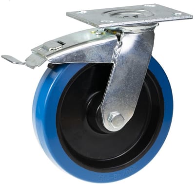 Draaibare wiel met rem, 200 mm, met blauw elastisch rubber op een nylon middenwiel