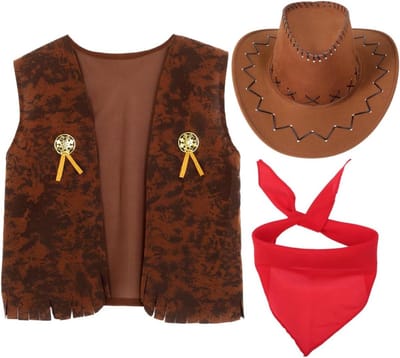 Cowboy Kostuum voor Mannen met Franje Vest, Hoed en Sjaal voor Carnaval en Themafeesten, Denim Dans Outfit voor Volwassenen met Accessoires