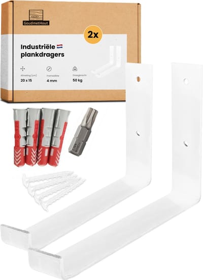GoudmetHout® Industriële Plankdragers L-vorm UP - 20 cm - Stalen Plankdrager voor Wandschap, Muurrek of Wandconsole - Max 50 kg - 2 Stuks - Mat Wit