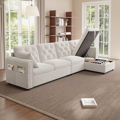 REDOM - L-Vormige Hoekbank Met Slaapfunctie En Opbergruimte - Verstelbare Opstelling - Fluweel - Beige - 281 X 132 X 86 Cm