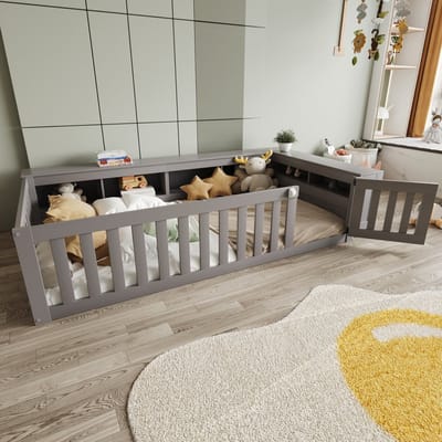Multifunctioneel Kinderbed 90x200 cm - opbergvakken - veiligheidshekje en deurtje - rondom bescherming - lattenbodem - grijs