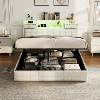 Tweepersoonsbed 140x200 cm Beige Fluweel - Opbergbed met LED, USB/Type-C, Hoofdbord en 2 Lades