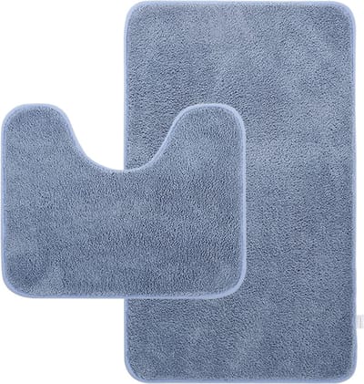 Bathroom carpet set, 2 pieces, soft microfiber bath mat and toilet carpet with recess, non-slip bath mat, washable bath mat set, light blue, 50 x 80 + 50 x 40 cm.