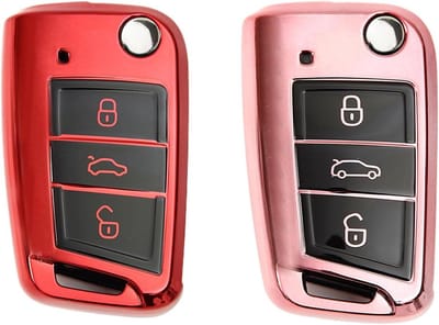 Inovra Plus - Autosleutelhoes 2 stuks - Beschermhoes Autosleutel - Compatibel met VW Golf 7 Polo Tiguan - Sleutelbox voor Skoda - Sleutelhoes rood en roségoud