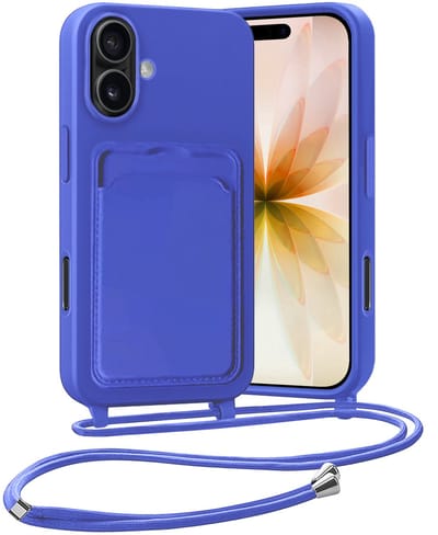 Hoesje Geschikt voor iPhone 17 Hoesje Met Telefoonketting Pasjeshouder Case Koord - Hoesje Geschikt voor iPhone 17 Hoes Met Kaarthouder - Felblauw