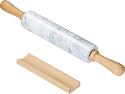 Intirilife Marmeren deegroller met houder, in Wit - 46.5 cm - Deegroller, bakroller, rolstok, gemaakt van natuurlijk marmer, voor eenvoudig uitrollen van deeg, gemakkelijk schoon te maken