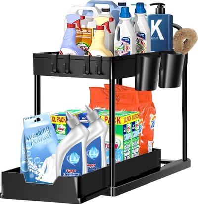 2 etages onder de wastafel, keukenorganizer met 4 beweegbare haken en 2 kopjes, multifunctioneel kruidenrek, spoelkast, organizer, schoonmaakmiddelorganizer voor badkamer