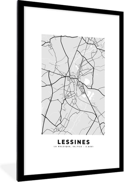 Fotolijst incl. Poster Zwart Wit- Stadskaart – Plattegrond – België – Zwart Wit – Lessines – Kaart - 60x90 cm - Posterlijst