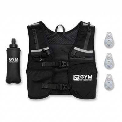 Gym Revolution - Hardloopvest met Verlichting en Waterfles - Reflecterend running vest met telefoonhouder - 3 LED Lampjes - Ultralicht - Zwart - One Size