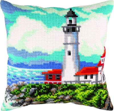 Collection D'Art - Borduurpakket Kussen Vuurtoren aan de oever van de baai - Voorbedrukt canvas- 50.5430