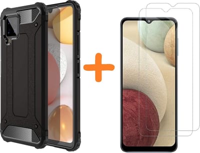 Geschikt voor Samsung Galaxy A12 5G Hoesje Schokbestendig Hybride hoesje rugged case Zwart - Geschikt voor Samsung Galaxy A12 2x Screenprotector