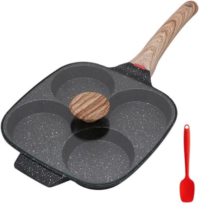 Famanu – Eier- en pannenkoekenpan met deksel 4-vaks aluminium pan met antiaanbaklaag voor ontbijtgerechten geschikt voor inductie en gas