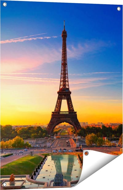 Gards Tuinposter Parijs Eiffeltoren tijdens de Zonsopkomst - 60x80 cm - Tuindoek - Tuindecoratie - Wanddecoratie buiten - Tuinschilderij