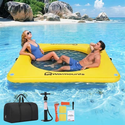 WARMOUNTS Opblaasbaar Zwemdock 244 cm – Drijfplatform met Netcentrum, Antislip Floating Eiland, Draagvermogen 272 kg, Inclusief Pomp, Opbergtas en Touw