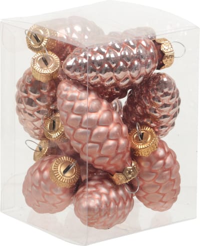 12x Dennenappel kersthangers/kerstballen koraal roze van glas - 6 cm - mat/glans - Kerstboomversiering