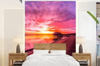 Behang - Fotobehang Steiger - Water - Zon - Roze - Horizon - Breedte 165 cm x hoogte 220 cm
